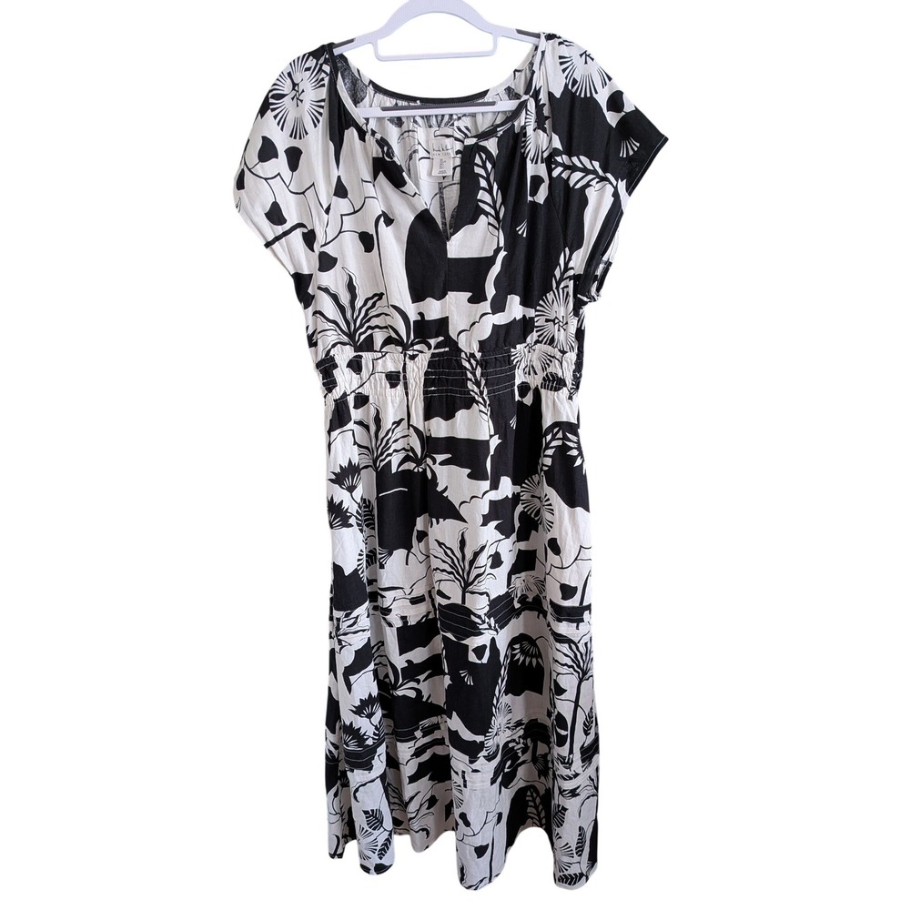 Nicole Miller New York Linen Blend Tropical Floral Maxi Dress‎ Black White Large
